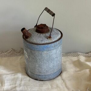 Galvanized Metal Gas Can Blue Stripe Rustic Wood Handle Antique Primitive Vtg